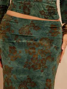 Silquee Váy chữ H cạp cao họa tiết hoa nhung xanh lá cây thời trang thu đông thanh lịch gợi cảm dành cho nữ - màu xanh lá - Xem 4