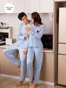 CoupledUp 男士休闲条纹印花翻领长袖纽扣睡衣套装 - 藍色 - 查看 7