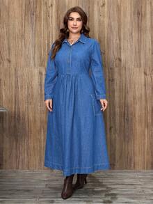 EMERY ROSE 大码女士休闲优雅水洗牛仔连衣裙 - 淺色水洗藍 - 查看 6