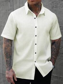 Manfinity CasualCool 男士纯色前扣短袖休闲衬衫，短袖衬衫，纽扣男士衬衫，白色男士衬衫 - 米色 - 查看 6