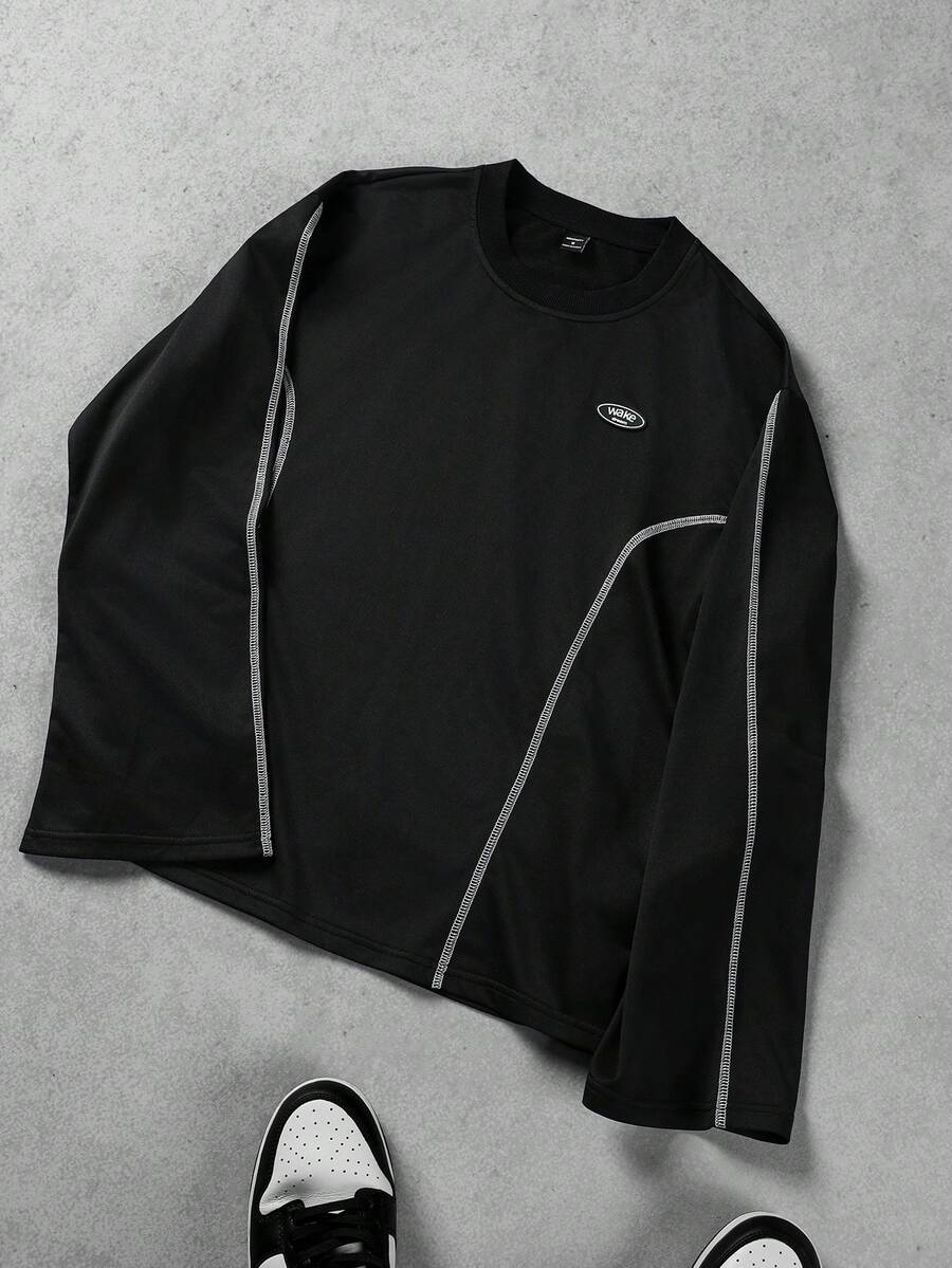 Manfinity Campus Court 美学帖子——男士字母图案圆领休闲宽松长袖T恤 男士长袖上衣 黑色长袖男士黑色长袖男士长袖上衣 - 黑色 - 查看 1