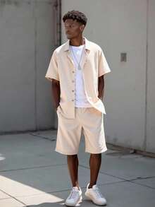 Vacaura Teen Boy Fashionable Solid Color Vertical Pits Stripe Casual 2-Piece Set, School, Campus, College - Khaki - View 1