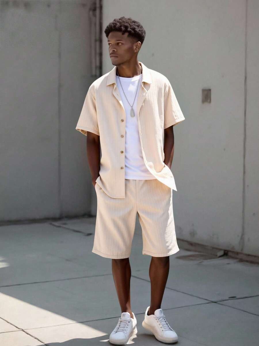 Vacaura Teen Boy Fashionable Solid Color Vertical Pits Stripe Casual 2-Piece Set, School, Campus, College - Khaki - View 1