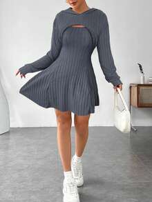 SHEIN EZwear 女士纯色长袖连帽上衣（前短后长下摆）和无袖连衣裙休闲两件套 - 灰色 - 查看 6