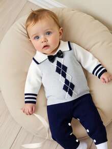 Newborn Baby Casual Fashion Cute Diamond Pattern White, Gray, Navy Blue Knitted Striped Bodysuit, Soft & Comfortable, Suitable For Daily, Outdoor, Travel, Holiday, Home, Daycare, Playtime, Autumn/Winter, Christmas, Back To School, Party, All-Match Airplane Captain Outfit For Baby Boy Knitted Baby Boy Outfit Baby Boy Sweater Set Sapphire Suit For Baby Boy Baby Sailor Navy Outfit Argyle Baby Boy Outfit Baby Boy Argyle Sweater Baby Boy Navy Suit Baby Sweater Baby Boy Argyle Outfit - Royal Blue - View 7