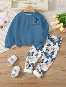 SHEIN Leap Crew Bộ 2 quần áo nỉ dài tay cổ tròn thoải mái cho bé gái tuổi teen, họa tiết bướm cổ điển, thích hợp cho mùa thu/đông - Nhiều màu - Xem 2
