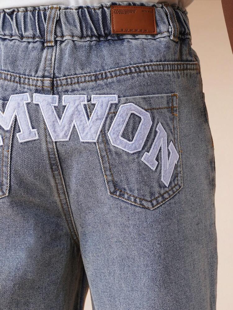 Wide Leg Denim Jeans With Back Text