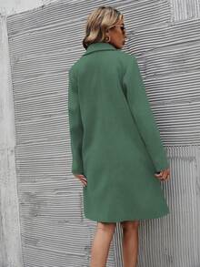 SHEIN Clasi 女式纯色翻领长袖双排扣休闲大衣，秋冬 - 綠色 - 查看 2