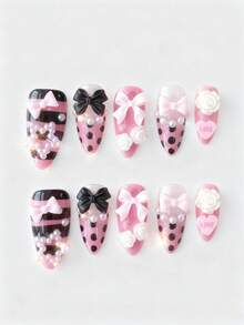 ROMWE Anime 10pcs Cute Bowknot Music Note Star Element High Quality Handmade False Nails + 3pcs Double-Sided Adhesive, Y2K French Style Rhinestone Chain Polka Dot Removable Nail Art Stickers, Suitable For Holidays, Parties, Dancing And Daily Wear - Multicolor - View 1