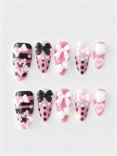 Anime 10pcs Cute Bowknot Music Note Star Element High Quality Handmade False Nails + 3pcs Double-Sided Adhesive, Y2K French Style Rhinestone Chain Polka Dot Removable Nail Art Stickers, Suitable For Holidays, Parties, Dancing And Daily Wear