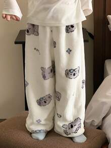 DAZY Young Girl Cute Cartoon Koala, Star, Silver Fox Plush Loose Pajama Pants, Autumn/Winter - White - View 3