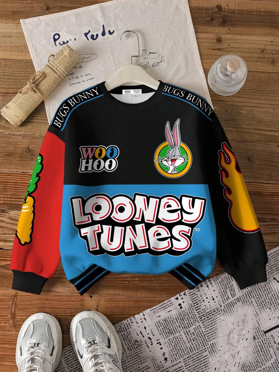 LOONEY TUNES X SHEIN 青少年男孩休闲时尚街头卡通字母拼布印花落肩宽松羊毛套头衫，秋冬 - 白色 - 查看 1