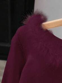 Franclia 时尚纯色拼接毛领毛衣，秋冬款 - 酒紅色 - 查看 3