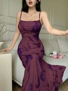 Modelyn Vestido casual de verano para mujer con estampado floral de malla, tirantes finos y volantes en la cintura - Burdeos - Ver 7