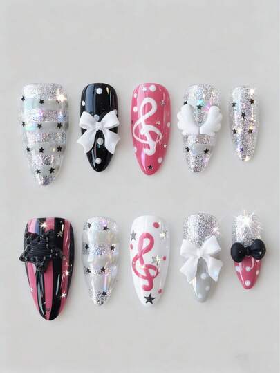 Anime 10pcs Cute Bowknot Music Note Star Element High Quality Handmade False Nails + 3pcs Double-Sided Adhesive, Y2K French Style Rhinestone Chain Polka Dot Removable Nail Art Stickers, Suitable For Holidays, Parties, Dancing And Daily Wear