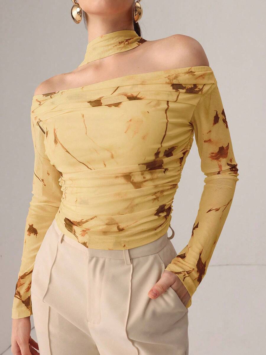 Modelyn Autumn Knitted Sexy Sheer Mesh Ribbon Print T-Shirt Off The Shoulders Top Pale Yellow Top Off The Shoulder Long Sleeve Yellow Top Women Butter Yellow Top - Yellow - View 1