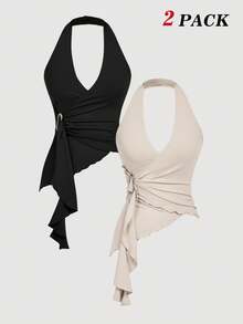 SHEIN MOD 2pcs Casual Halter Tie-Up Metal Buckle Fitted Asymmetric Hem Camisole,Christmas Women's Clothing,New Year,Party Top,Thanksgiving,White Blouse,Going Out Tops,Holiday - Black and White - View 1