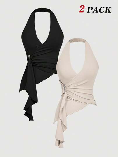 SHEIN MOD 2 piezas Camiseta ajustada con cuello halter y hebilla metálica, bajo asimétrico, ropa de mujer para Navidad, Año Nuevo, fiestas, Acción de Gracias, blusa blanca, tops para salir, vacaciones