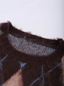 Franclia Áo len dệt kim dáng rộng họa tiết kim cương cổ điển Jacquard màu tương phản cỡ lớn dành cho nữ - Màu xanh lam - Xem 3