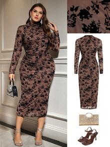 Ellevyn Vestido Midi de Manga Longa Elegante e Casual para Festa, Festa de Feriado, Plissado, Floral, Floqué, Ajustado, Elástico, Marrom, Plus Size para Mulheres