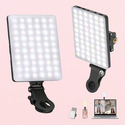 Teckwe 60 LED High Power Rechargeable Clip Fill Video Conference Light With Front & Back Clip, Adjusted 3 Light Modes For Phone, Compatible With IPhone, Android, IPad, Laptop, For Makeup,Selfie, Vlog Suitable For Selfies And Live Streaming, Portable Light Selfie Light