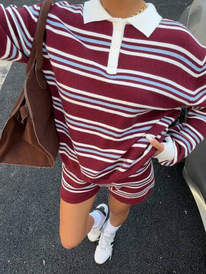 Muchica Bộ áo len cổ polo kẻ sọc nhiều màu và quần short cho nữ