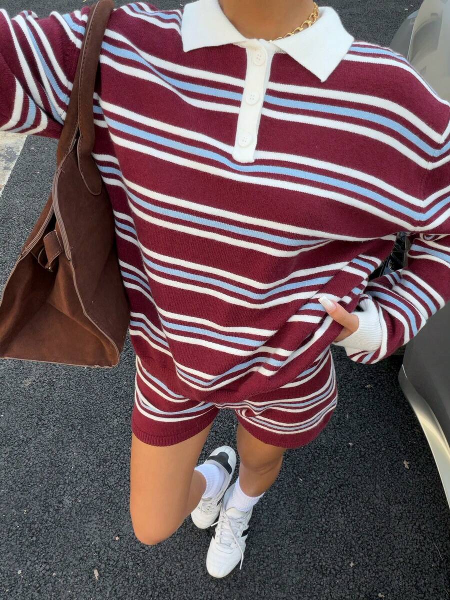 Muchica Women's Colorful Striped Knitted Polo Neck Sweater And Shorts Set For Going Out Outfits, Back To School, Streetwear - Multicolor - View 1