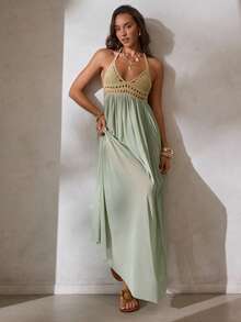 Aloruh Vestido elegante y sexy con escote en V profundo, hecho de ganchillo y parches de malla, para mujer. Ideal para vacaciones, atuendo de playa y vestidos de verano en color verde salvia para mujer. - Caqui - Ver 6