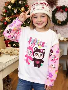 SHEIN 少女可爱动物图案针织休闲圆领卫衣 - 白色 - 查看 5