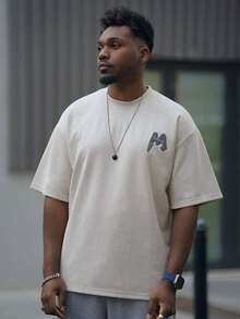 Heavens Edit 男士标语图案落肩T恤，秋季 - 杏色 - 查看 1