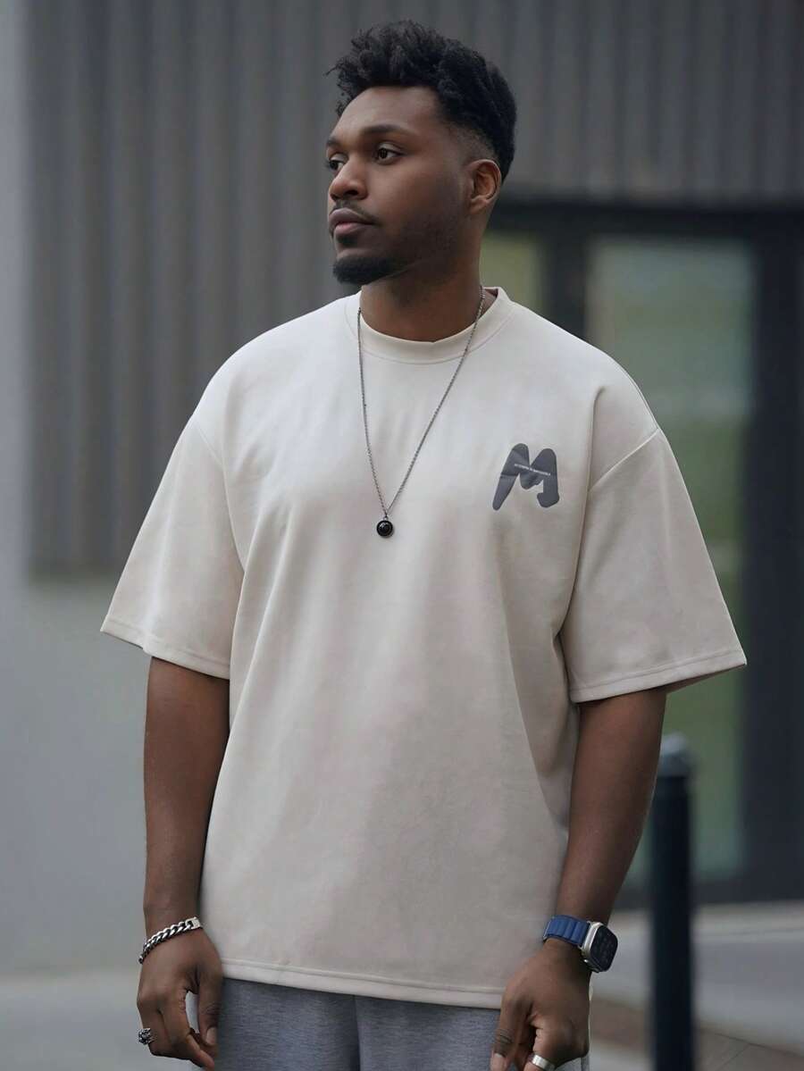 Heavens Edit 男士标语图案落肩T恤，秋季 - 杏色 - 查看 1