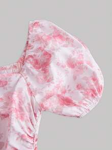 SHEIN MOD 粉色和白色印花花卉不对称，夏季假日女士长裙，派对，挤奶女工