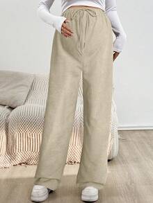 SHEIN Quần dài bà bầu màu trơn đơn giản có dây rút ở eo - Màu Khaki - Xem 5