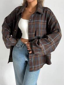 INAWLY 大码女式翻领格子单排扣休闲百搭衬衫 - 彩色 - 查看 1