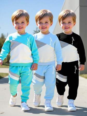 SHEIN Fantacosmos 6pcs/Set Young Boy Casual Sports College Street Chic Tricolor Letter Sweatshirt + Pants, Suitable For Daily Wear, School, Outings, Sports, Spring & Autumn. Provides Multiple Matching Options For Little Boys, Increasing The Diversity Of Clothing Combinations. The Overall Design Is Simple And Generous, Comfortable And Fashionable To Wear. Fall Winter