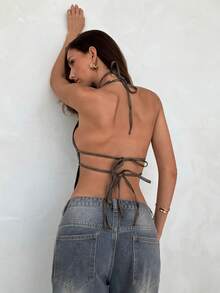 Aloruh Women's Sexy Deep V Beaded Decor PU Backless Halter Top,Tank Top - Brown - View 6