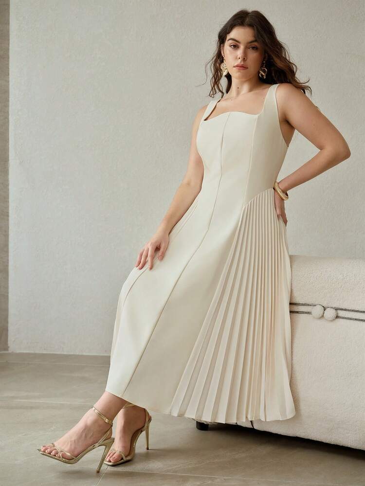 PLUS ELEGANT ROMANTIC PLEATED U-NECK SLEEVELESS DRESS, SPRING/SUMMER