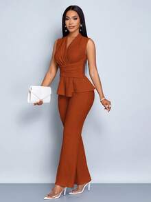 SOLERSUN 女款杏色优雅V领长袖T恤阔腿裤两件套不对称下摆两件套日常休闲女装春夏无袖短袖 - 棕色 - 查看 6