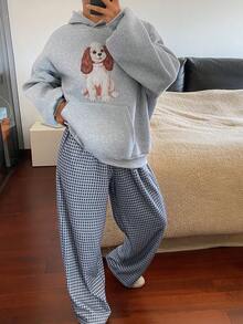 DAZY 女士狗狗印花抓绒卫衣上衣和格子睡裤套装，冬季 - 灰色 - 查看 10