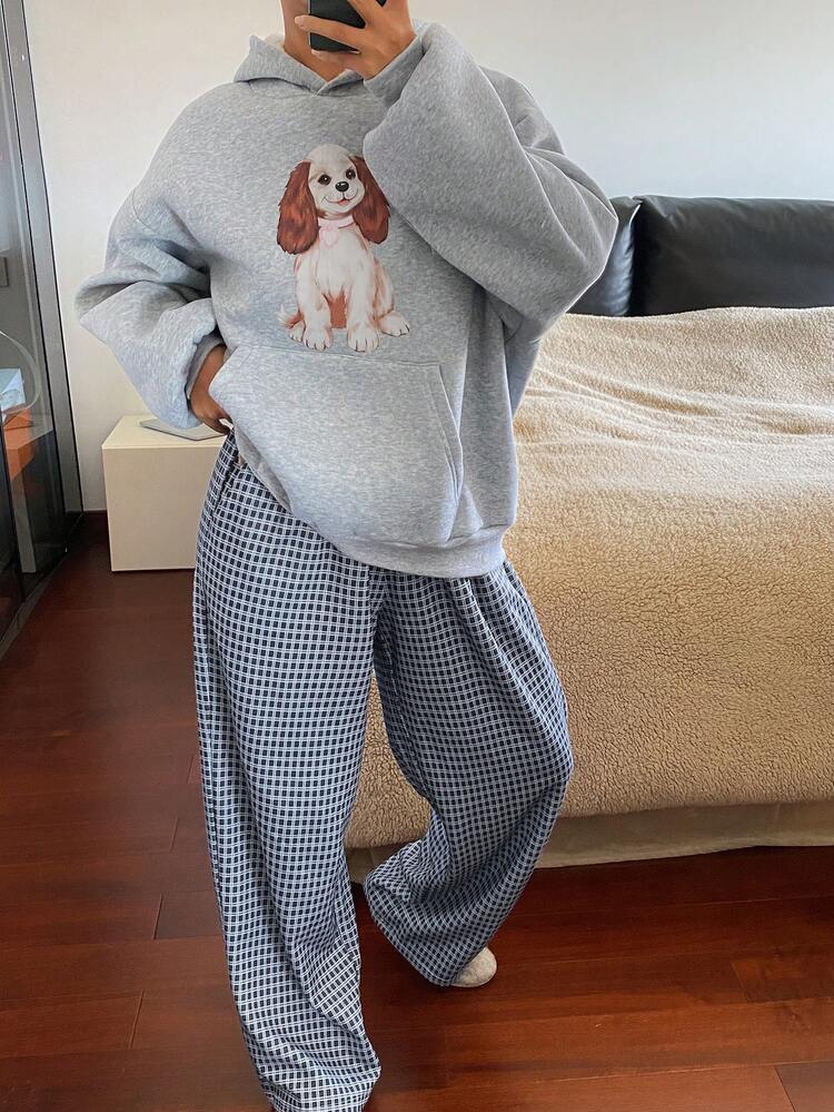 Women's Dog Print Fleece Sweatshirt Top And Plaid Pajama Pants Set, Winter