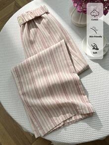 Elamini 女士条纹休闲宽松设计裤，日常穿着，学院风 - 粉色 - 查看 1