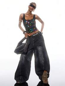 LYSMO 2025新款极简主义冬季女装亮片装饰背心，复古休闲风，Y2K风格，适合女性参加节日、性感夜店、外出、街头、朋克风等各种场合，展现个性女性的独特魅力。2025新款极简主义秋季女装 - 黑色 - 查看 1