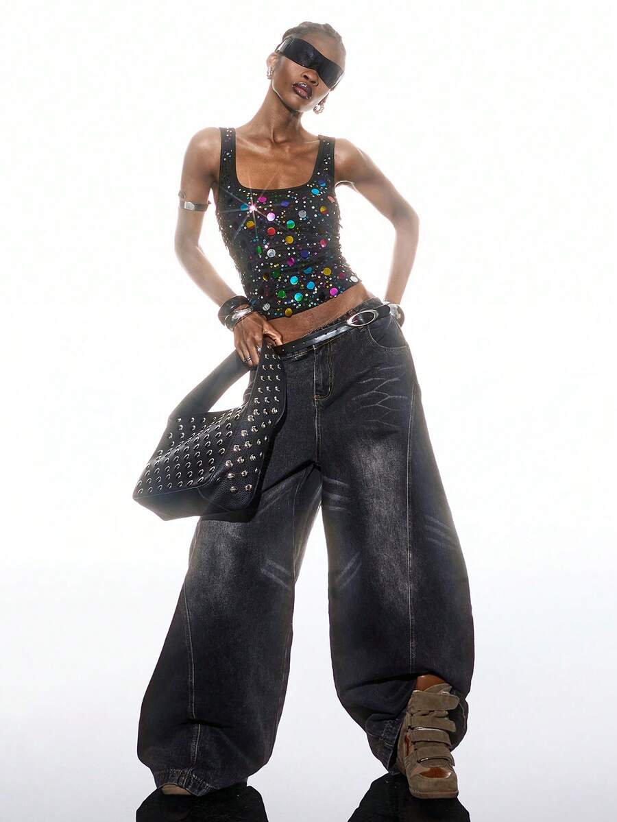 LYSMO 2025新款极简主义冬季女装亮片装饰背心，复古休闲风，Y2K风格，适合女性参加节日、性感夜店、外出、街头、朋克风等各种场合，展现个性女性的独特魅力。2025新款极简主义秋季女装 - 黑色 - 查看 1