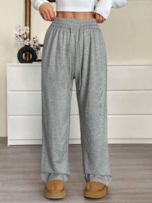 SHEIN EZwear 大码休闲纯色抽绳腰运动裤 - 綠色 - 查看 3