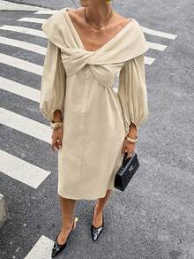 Siren Gaze 女士优雅通勤扭结灯笼袖中长连衣裙 - 卡其色 - 查看 5