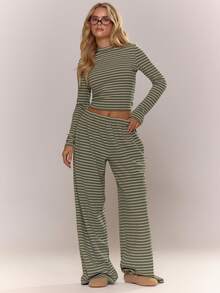 MUSERA 低腰条纹阔腿裤，舒适可爱休闲，适合咖啡俱乐部夏季穿着。 - 綠色 - 查看 1