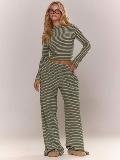MUSERA Low Rise Striped Wide Leg Trousers Cosy Cute Casual Coffee Club