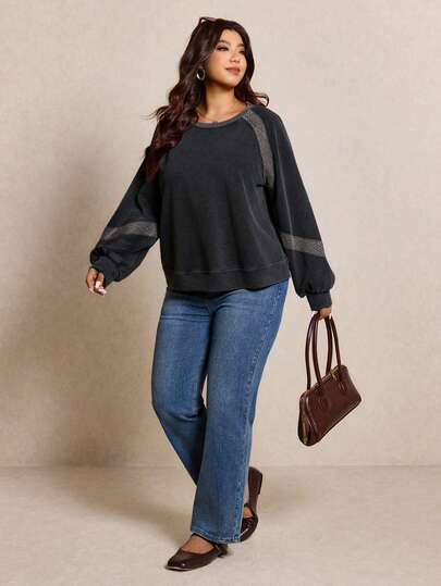 Elaquor Plus Size Casual Color Block Round Neck Raglan Sleeve Loose Sweatshirt, Autumn