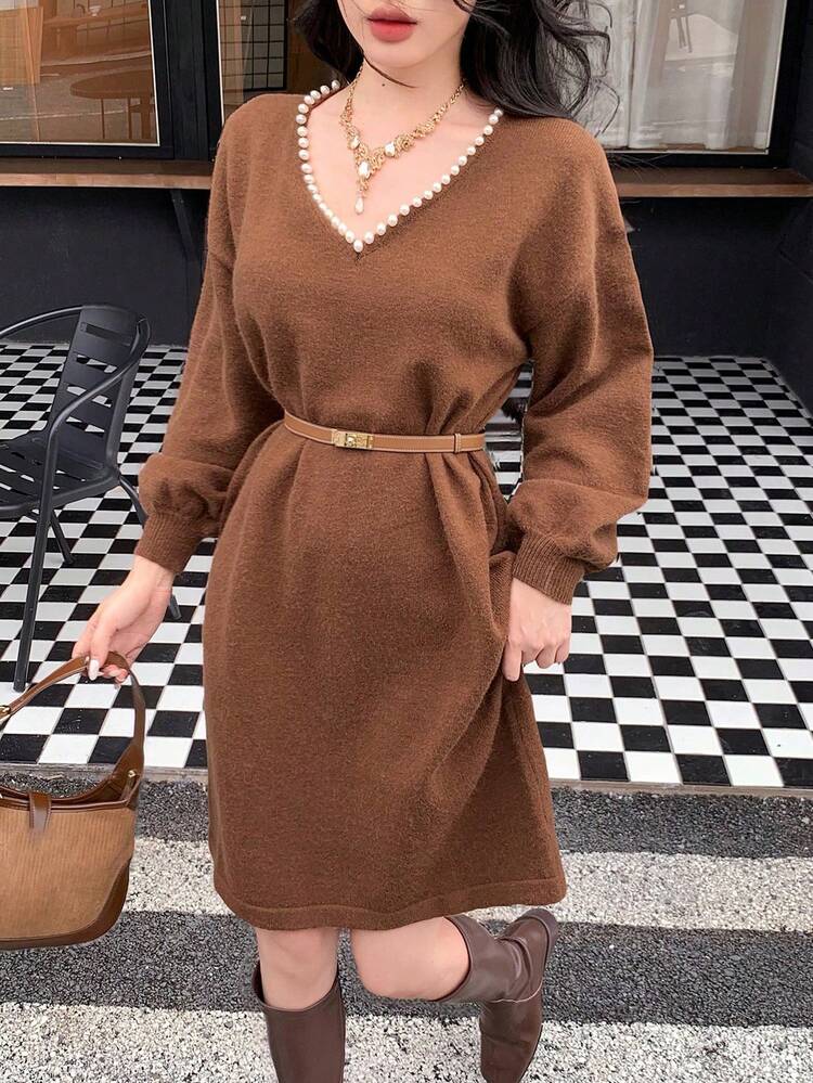 Pearl Decor V-Neck Loose Lantern Sleeve Mid-Length Casual Elegant Autumn/Winter Women Sweater Dress