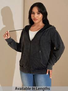 SHEIN Tall CURVE 大码女式开襟拉链水洗面料长袖卫衣，百搭黑色休闲套头衫，带口袋，适合秋冬季穿着。 - 黑色 - 查看 1